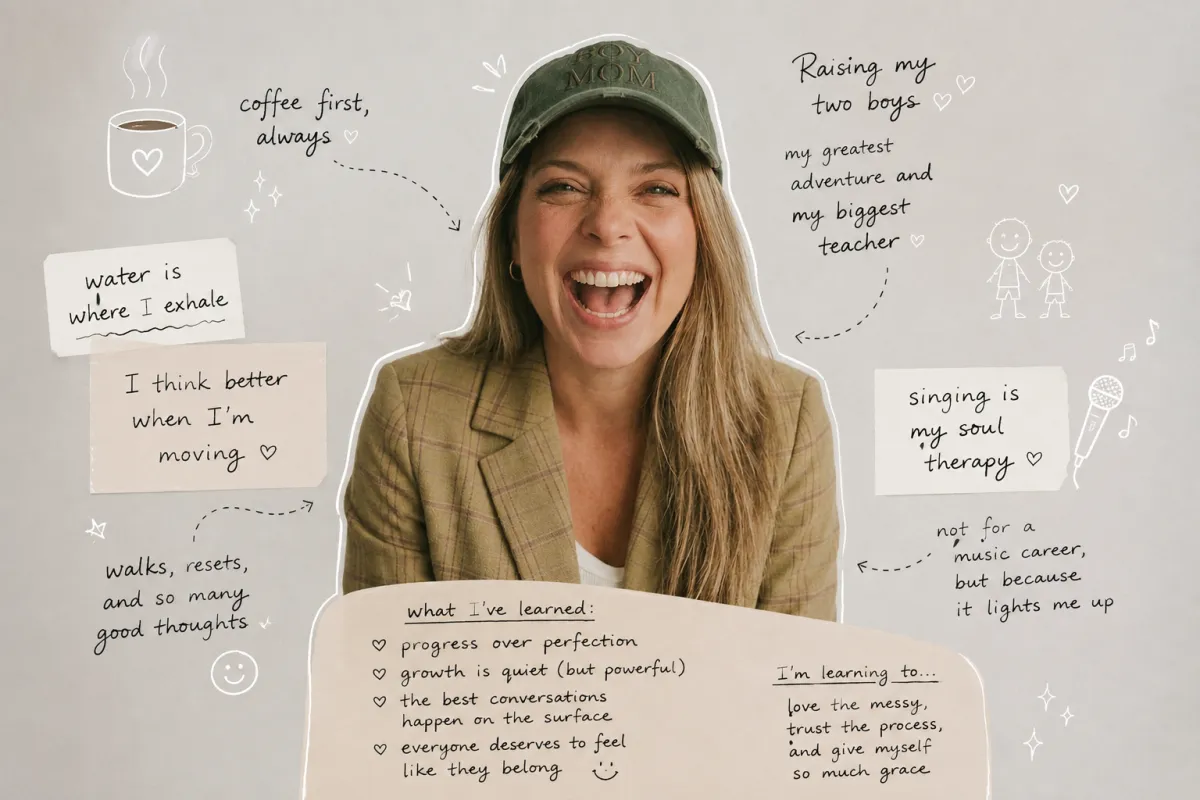 Lauren laughing in a boy mum cap, surrounded by handwritten notes