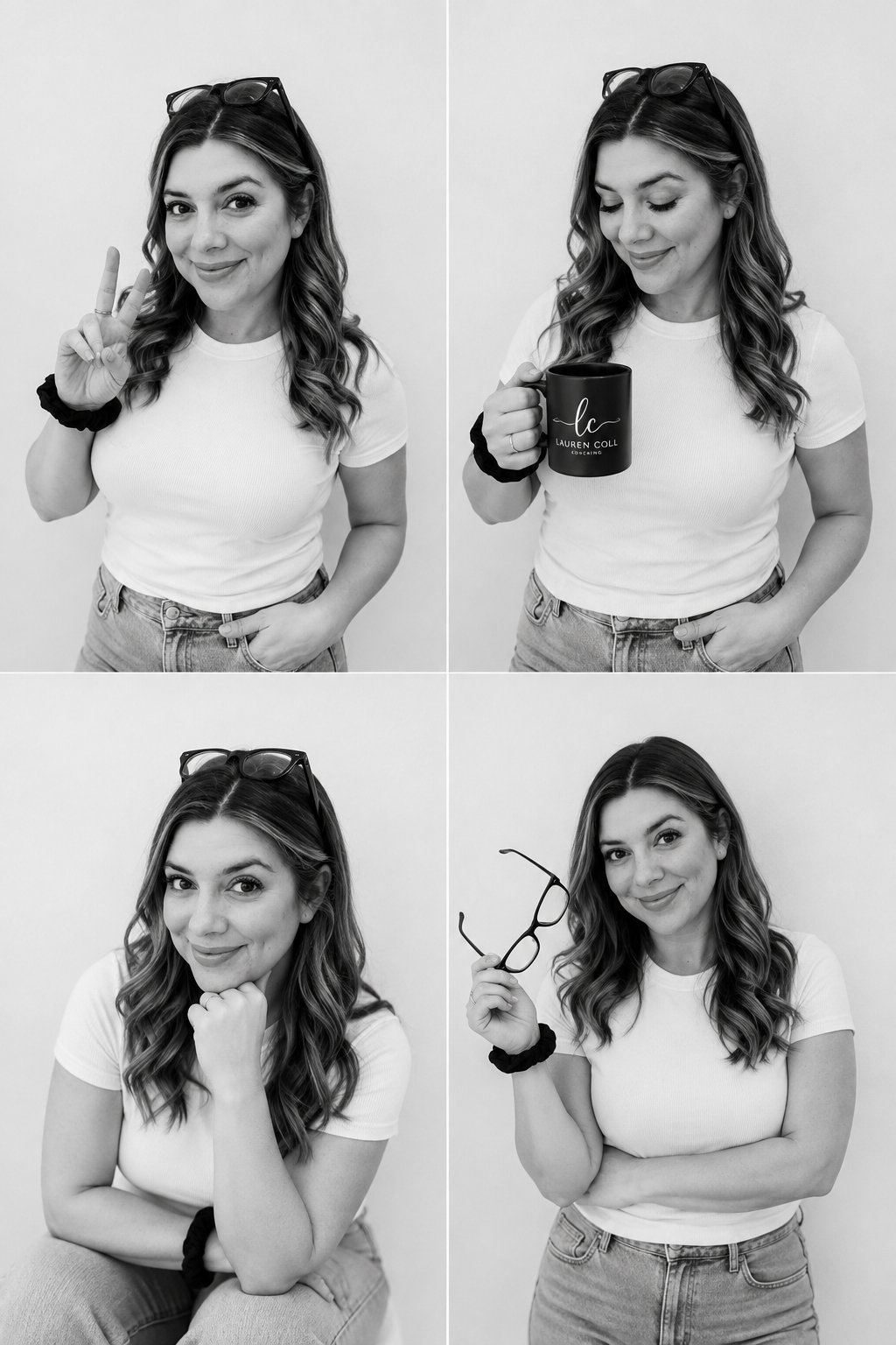 Lauren Coll in four black-and-white poses, holding a Lauren Coll Coaching mug