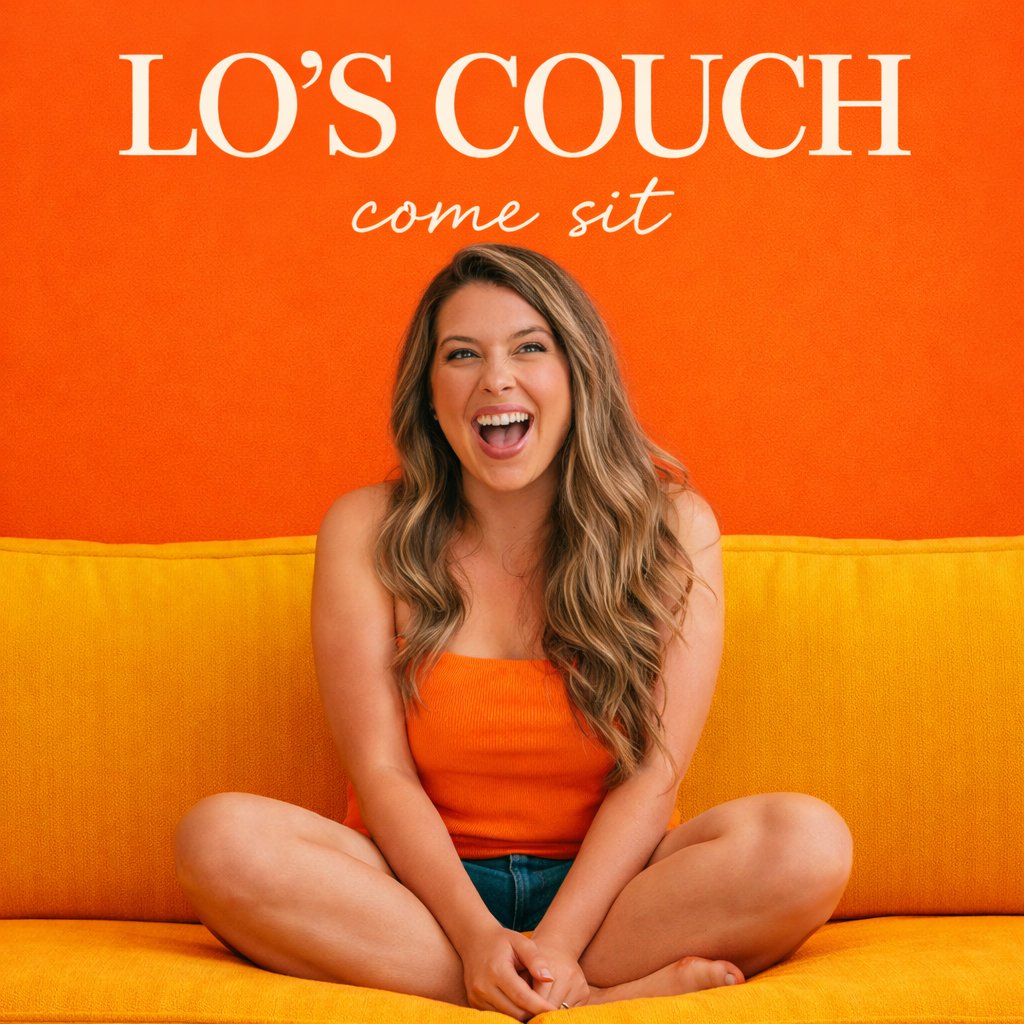 Lo's Couch artwork — Lauren laughing, sitting cross-legged on the golden couch