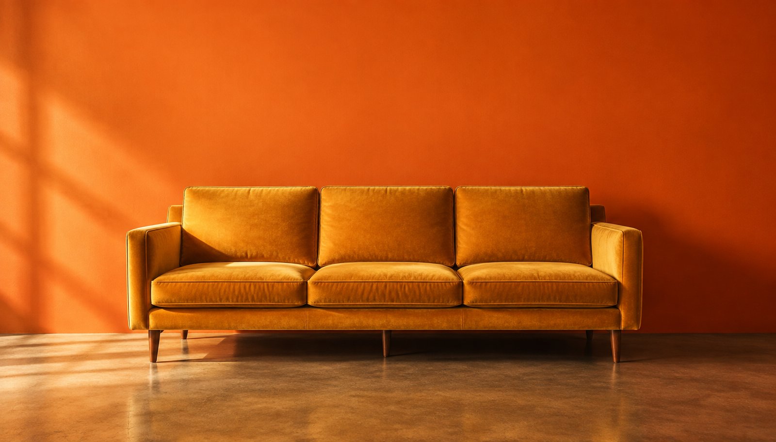 An empty burnt-yellow velvet couch against an orange wall